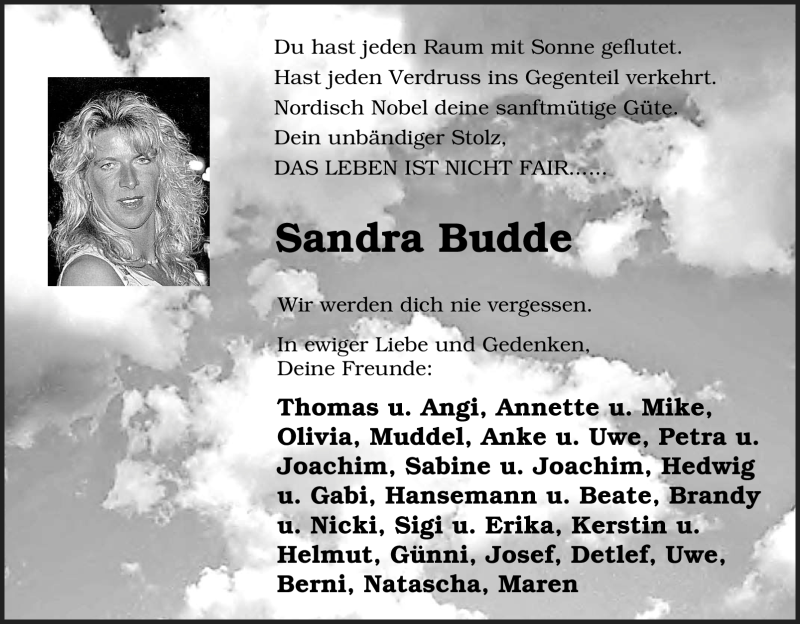  Traueranzeige für Sandra Budde vom 14.04.2010 aus Tageszeitung