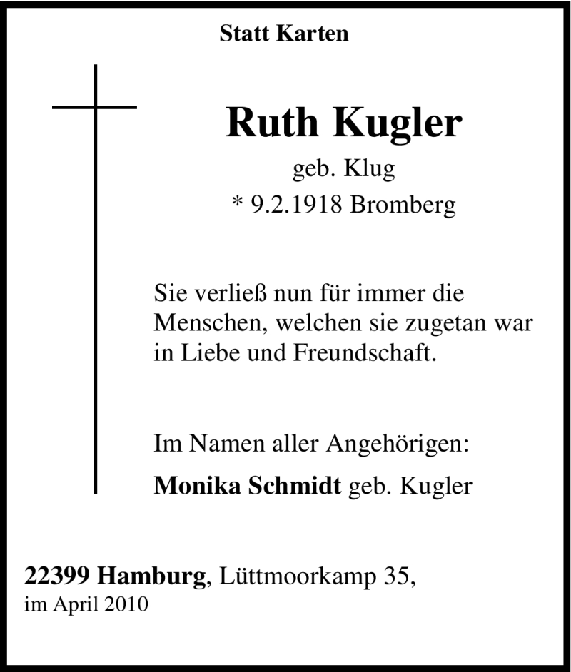  Traueranzeige für Ruth Kugler vom 09.04.2010 aus Tageszeitung