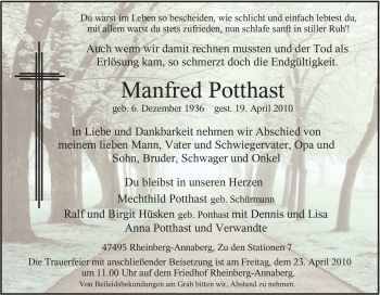 Traueranzeige von Manfred Potthast von Tageszeitung