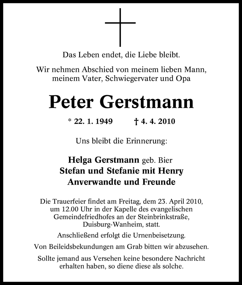 Traueranzeigen von Peter Gerstmann TrauerinNRW.de