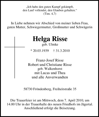 Traueranzeige von Helga Risse von Tageszeitung