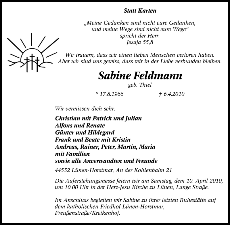  Traueranzeige für Sabine Feldmann vom 09.04.2010 aus Tageszeitung