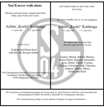 Traueranzeige von Achim Kottlenga von Tageszeitung