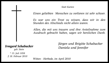 Traueranzeige von Irmgard Schabacker von Tageszeitung