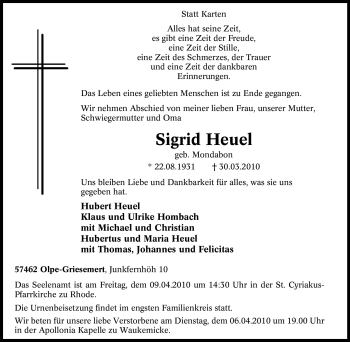 Traueranzeige von Sigrid Heuel von Tageszeitung