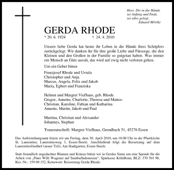 Traueranzeige von Gerda Rhode von Tageszeitung