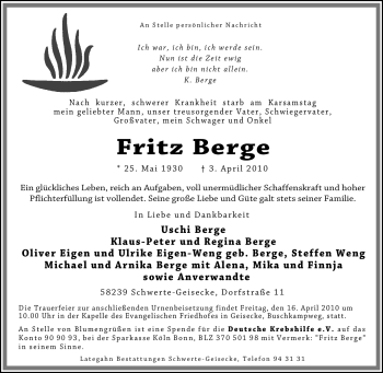 Traueranzeige von Fritz Berge von Tageszeitung