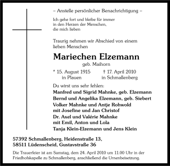 Traueranzeige von Mariechen Elzemann von Tageszeitung