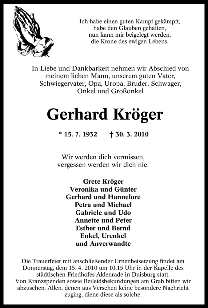  Traueranzeige für Gerhard Kröger vom 13.04.2010 aus Tageszeitung