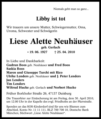 Traueranzeige von Liese Alette Neuhäuser von Tageszeitung