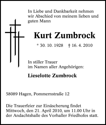 Traueranzeige von Kurt Zumbrock von Tageszeitung
