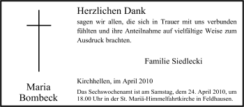 Traueranzeige von Maria Bombeck von Tageszeitung