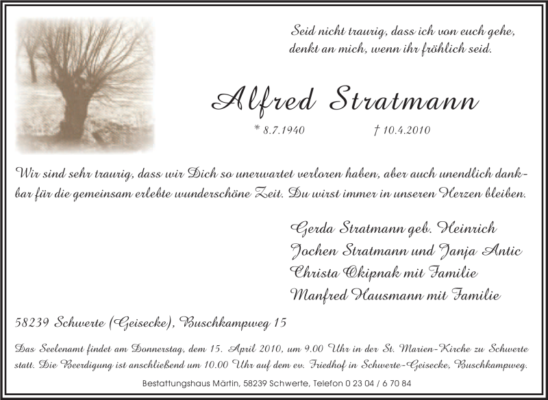  Traueranzeige für Alfred Stratmann vom 13.04.2010 aus Tageszeitung