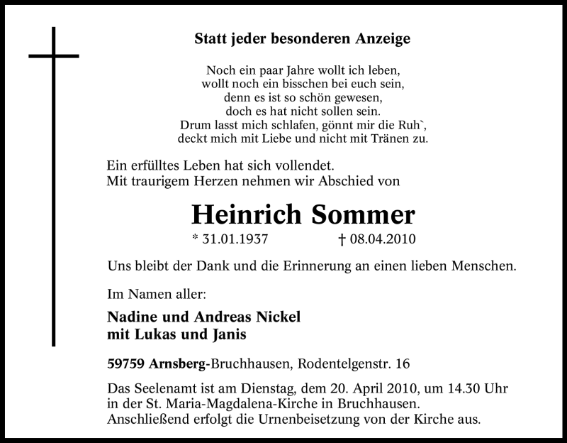  Traueranzeige für Heinrich Sommer vom 16.04.2010 aus Tageszeitung