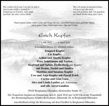Traueranzeige von Erich Kupfer von Tageszeitung