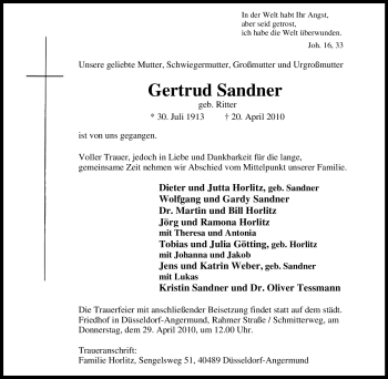 Traueranzeige von Gertrud Sandner von Tageszeitung
