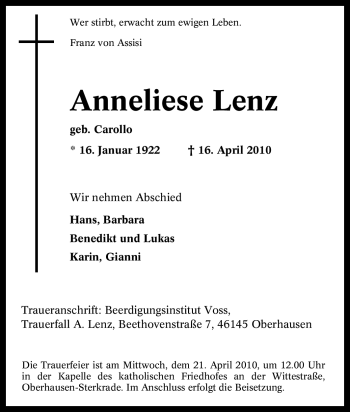 Traueranzeige von Anneliese Lenz von Tageszeitung