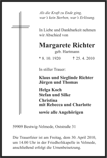 Traueranzeige von Margarete Richter von Tageszeitung