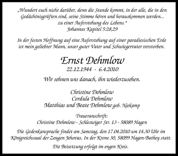 Traueranzeige von Ernst Dehmlow von Tageszeitung
