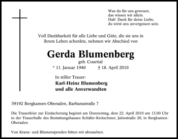 Traueranzeige von Gerda Blumenberg von Tageszeitung