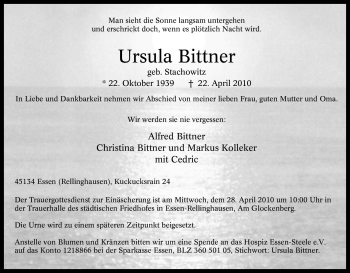 Traueranzeige von Ursula Bittner von Tageszeitung