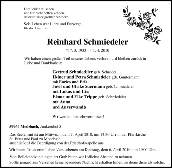 Traueranzeige von Reinhard Schmiedeler von Tageszeitung