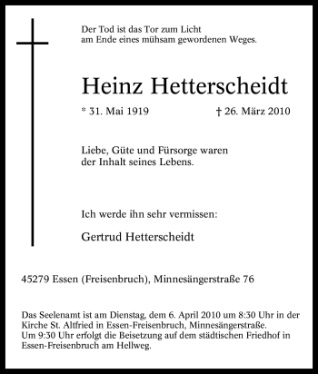Traueranzeige von Heinz Hetterscheidt von Tageszeitung