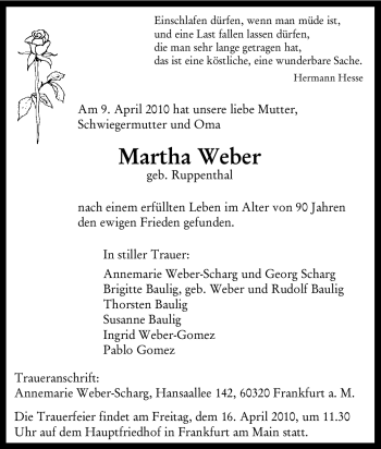 Traueranzeige von Martha Weber von Tageszeitung