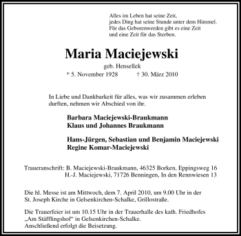 Traueranzeige von Maria Maciejewski von Tageszeitung
