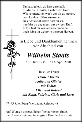 Traueranzeige von Wilhelm Staats von Tageszeitung