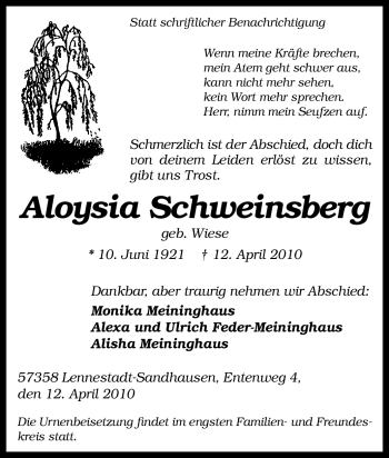 Traueranzeige von Aloysia Schweinsberg von Tageszeitung