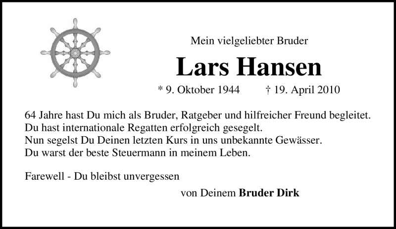  Traueranzeige für Lars Hansen vom 24.04.2010 aus Tageszeitung