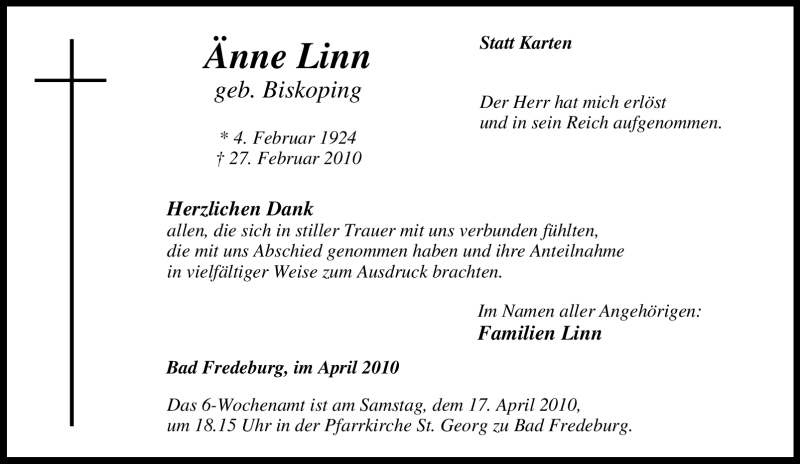  Traueranzeige für Änne Linn vom 12.04.2010 aus Tageszeitung