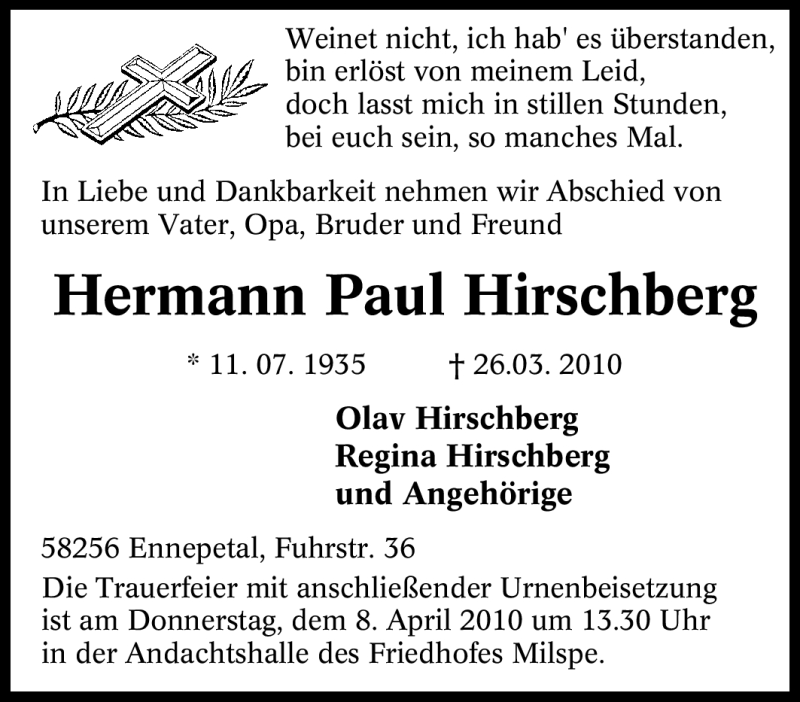 Traueranzeigen von Hermann Paul Hirschberg TrauerinNRW.de