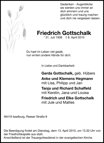 Traueranzeige von Friedrich Gottschalk von Tageszeitung