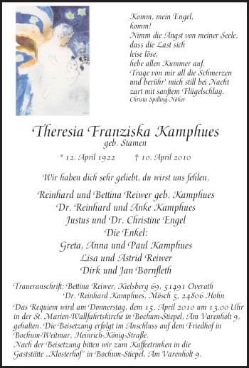 Traueranzeige von Theresia Franziska Kamphues von Tageszeitung