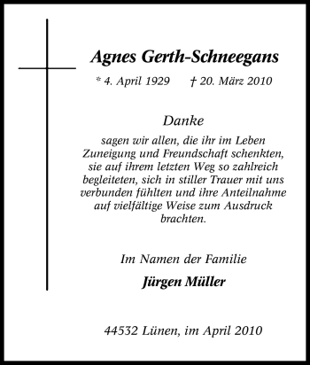Traueranzeige von Agnes Gerth-Schneegans von Tageszeitung