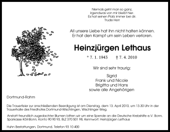 Traueranzeige von Heinzjürgen Lethaus von Tageszeitung