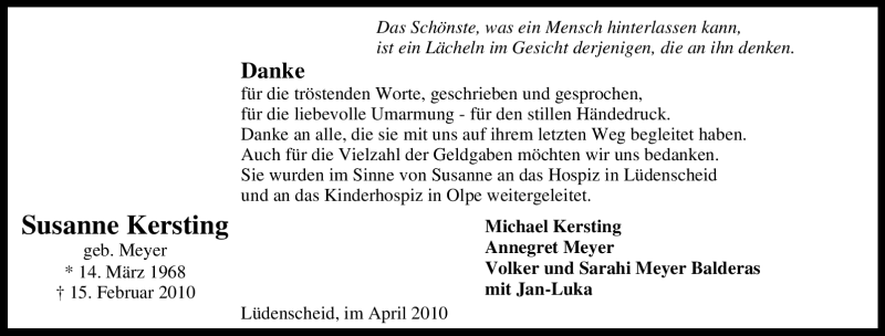  Traueranzeige für Susanne Kersting vom 01.04.2010 aus Tageszeitung