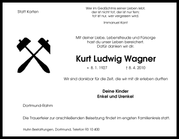 Traueranzeige von Kurt Ludwig Wagner von Tageszeitung