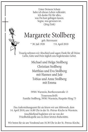 Traueranzeige von Margarete Stollberg von Tageszeitung
