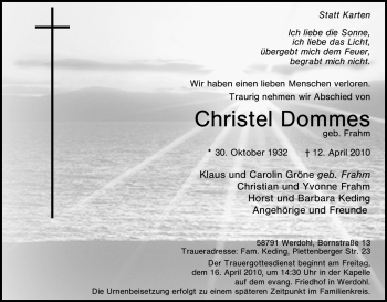 Traueranzeige von Christel Dommes von Tageszeitung