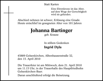Traueranzeige von Johanna Bartinger von Tageszeitung