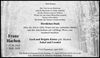 Traueranzeige von Franz Hachen von Tageszeitung