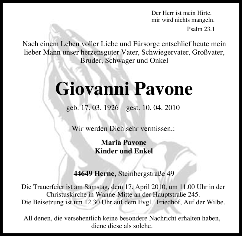  Traueranzeige für Giovanni Pavone vom 16.04.2010 aus Tageszeitung