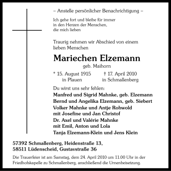 Traueranzeige von Mariechen Elzemann von Tageszeitung