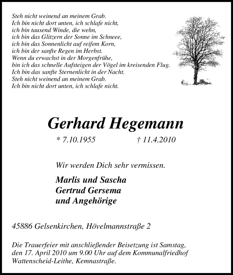  Traueranzeige für Gerhard Hegemann vom 13.04.2010 aus Tageszeitung
