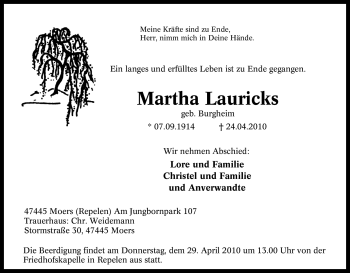 Traueranzeige von Martha Lauricks von Tageszeitung