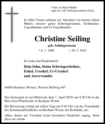 Traueranzeige von Christine Seiling von Tageszeitung