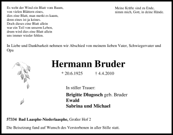 Traueranzeige von Hermann Bruder von Tageszeitung